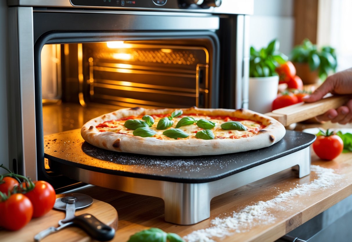 A pizza being placed onto a heated pizza stone inside an oven with fresh ingredients and kitchen tools nearby.